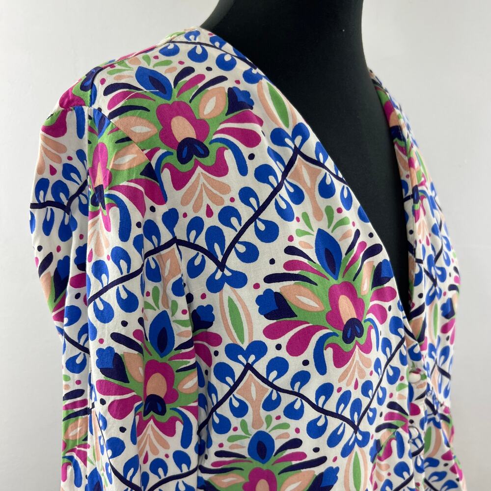 ZARA White Blue Red Print Bell Sleeve V-Neckline Button Down Shirt Size M Medium - Picture 5 of 9